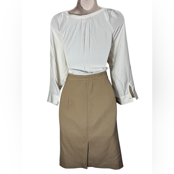 Ann Taylor Loft Women's Size 12 Cream Brown Khaki Ruffled Neutral Dress Slit - Picture 8 of 10